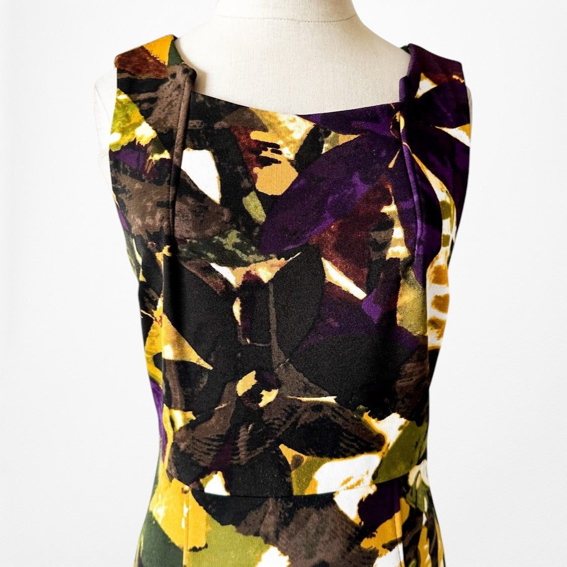 Vintage Y2K 90s Yellow Geometric Print Sleeveless Knit Knee Length Dress Size S