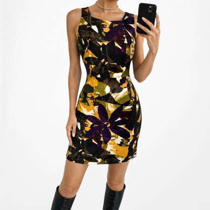 Vintage Y2K 90s Yellow Geometric Print Sleeveless Knit Knee Length Dress Size S