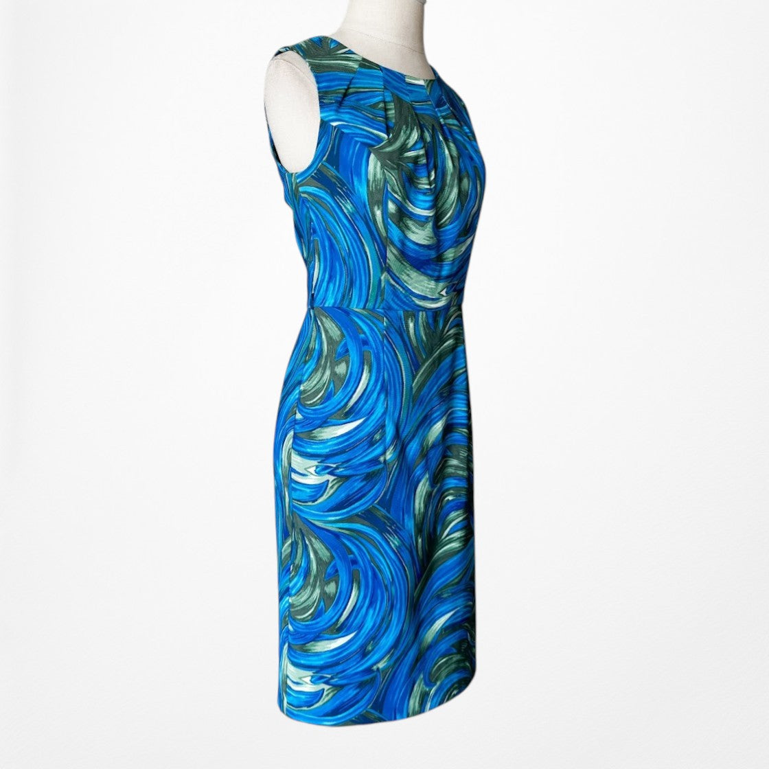 Vintage Y2K 90s Blue Knee Length Printed Sleeveless Sheath Dress Size S/M