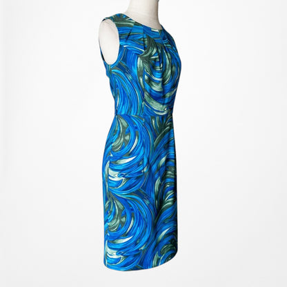 Vintage Y2K 90s Blue Knee Length Printed Sleeveless Sheath Dress Size S/M