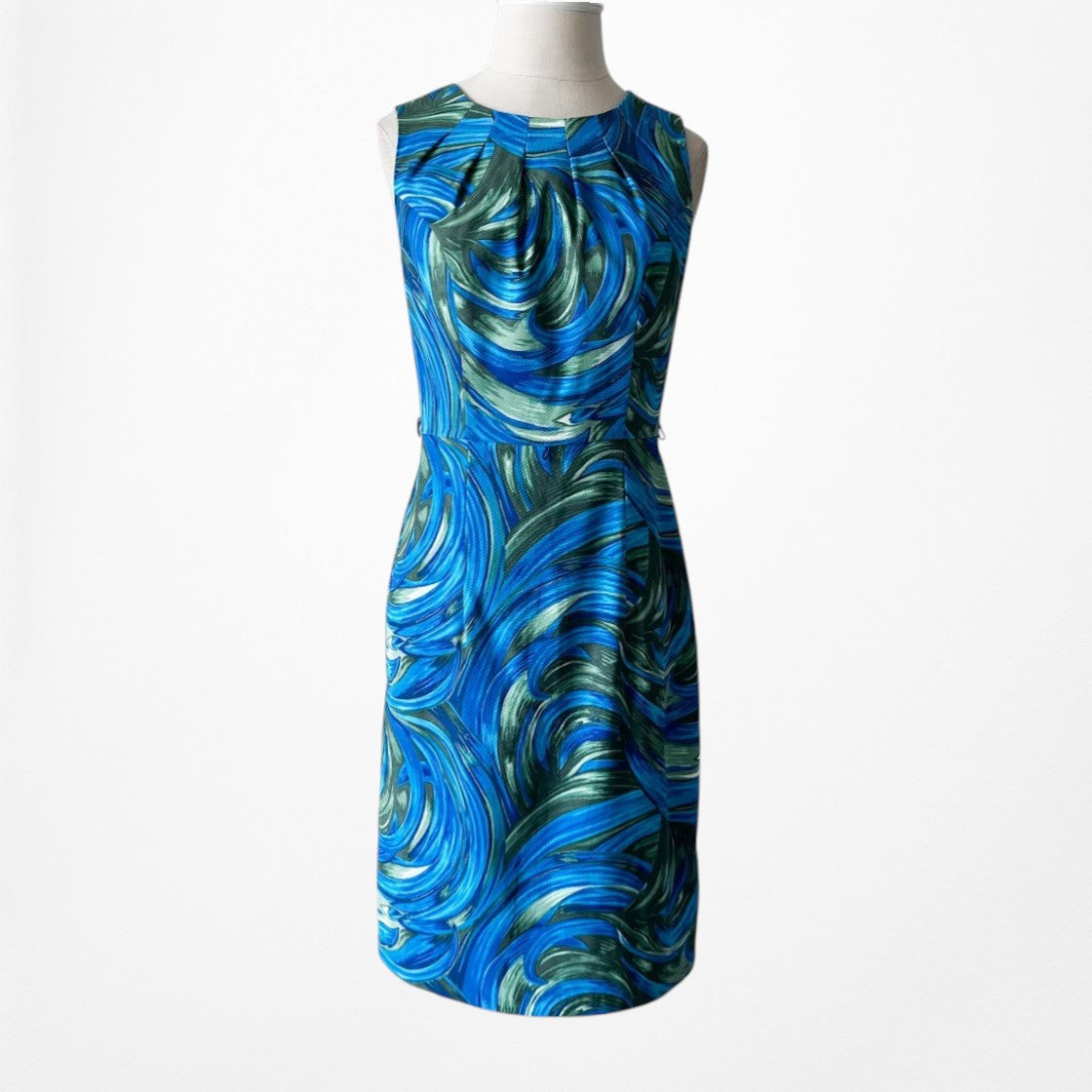 Vintage Y2K 90s Blue Knee Length Printed Sleeveless Sheath Dress Size S/M