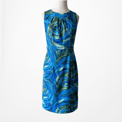 Vintage Y2K 90s Blue Knee Length Printed Sleeveless Sheath Dress Size S/M