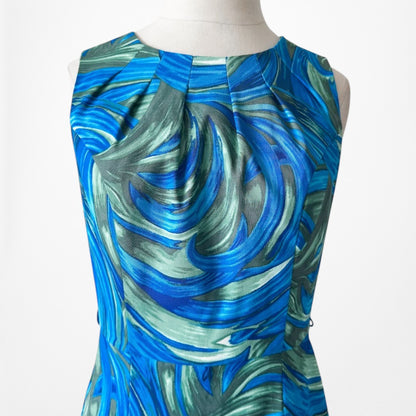 Vintage Y2K 90s Blue Knee Length Printed Sleeveless Sheath Dress Size S/M