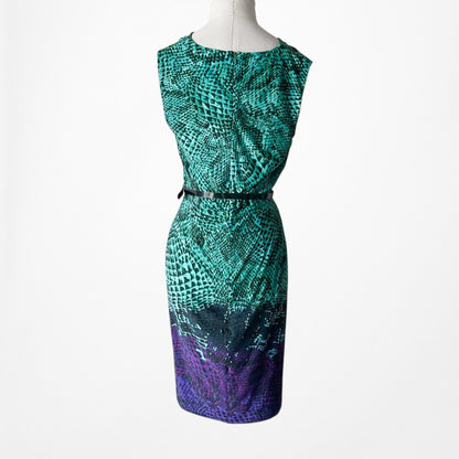 Vintage Y2K Sleeveless Green Purple Ombre Belted Knee Length Knit Dress Size S/M