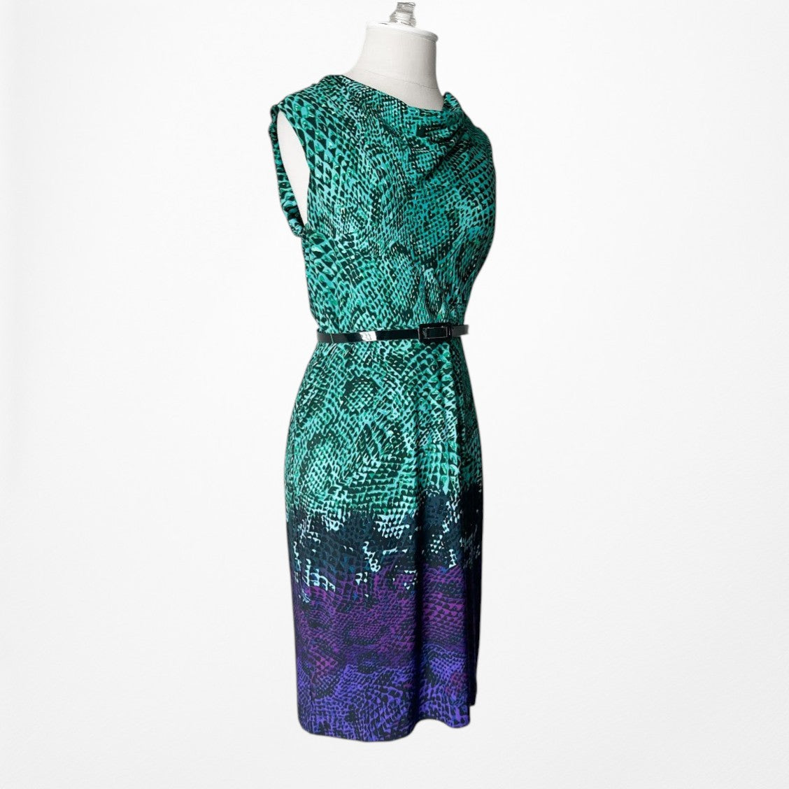 Vintage Y2K Sleeveless Green Purple Ombre Belted Knee Length Knit Dress Size S/M