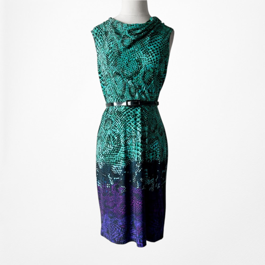 Vintage Y2K Sleeveless Green Purple Ombre Belted Knee Length Knit Dress Size S/M