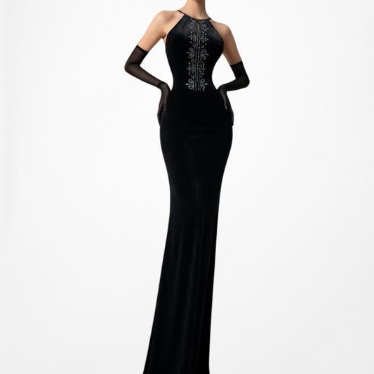 Vintage Black Velvet Beaded Embroidered Bodycon Maxi Prom Formal Dress Size S