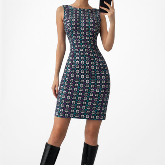 Vintage Y2K Purple Green Knee Length Sleeveless Retro Print Sheath Dress Size M