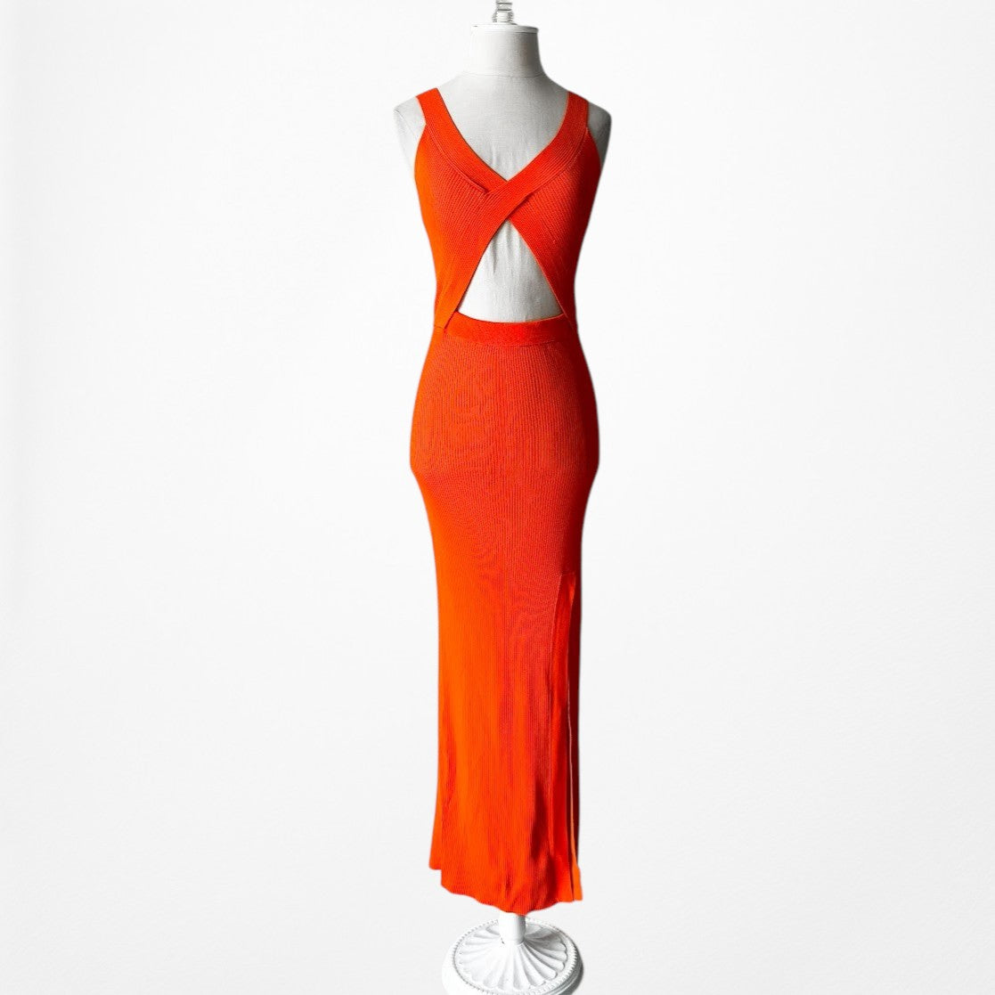 Zara Orange Ribbed Knit Cutout Midi Side Slit Sleeveless Bodycon Dress Size S/M