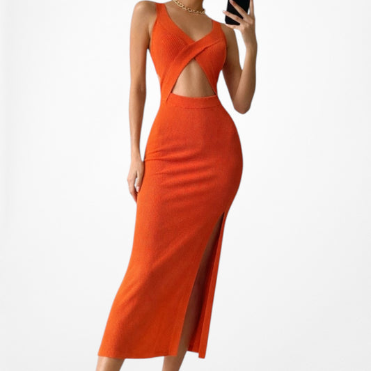Zara Orange Ribbed Knit Cutout Midi Side Slit Sleeveless Bodycon Dress Size S/M