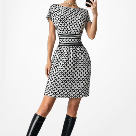 Vintage Y2K Black White Geometric Print Knit Knee Length Sheath Dress Size M