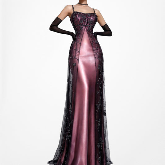 Vintage Y2K Plum Purple Floral Beaded Satin Ombre Mesh Maxi Prom Dress Size M