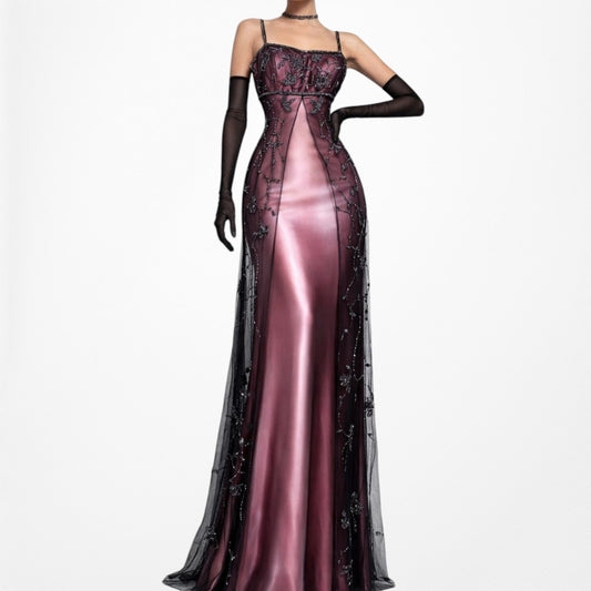 Vintage Y2K Plum Purple Floral Beaded Satin Ombre Mesh Maxi Prom Dress Size M