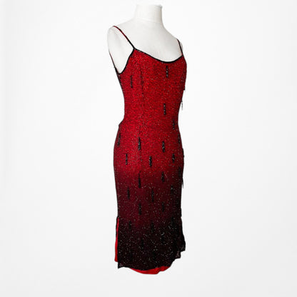 Vintage Y2K Burgundy Red Silk Beaded Knee Length Side Slits Cocktail Dress L