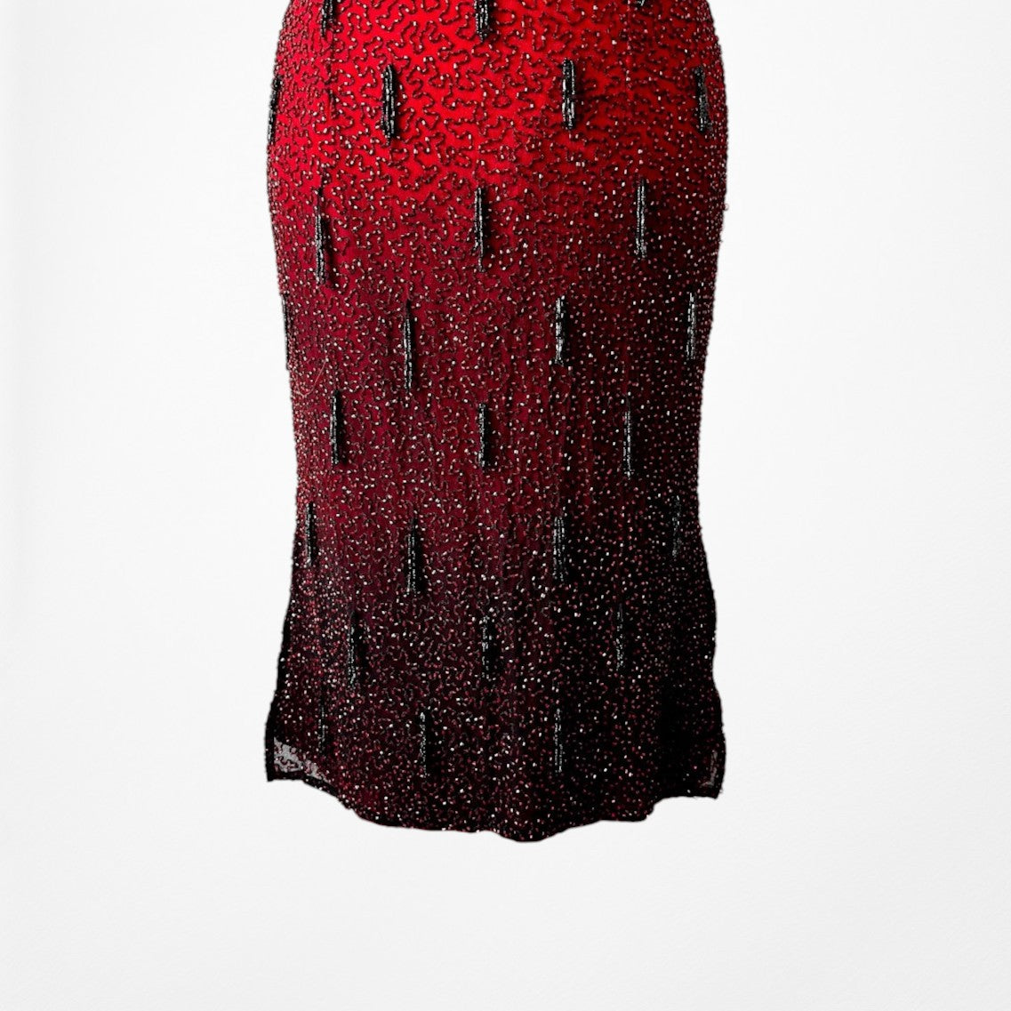 Vintage Y2K Burgundy Red Silk Beaded Knee Length Side Slits Cocktail Dress L