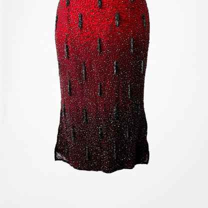 Vintage Y2K Burgundy Red Silk Beaded Knee Length Side Slits Cocktail Dress L