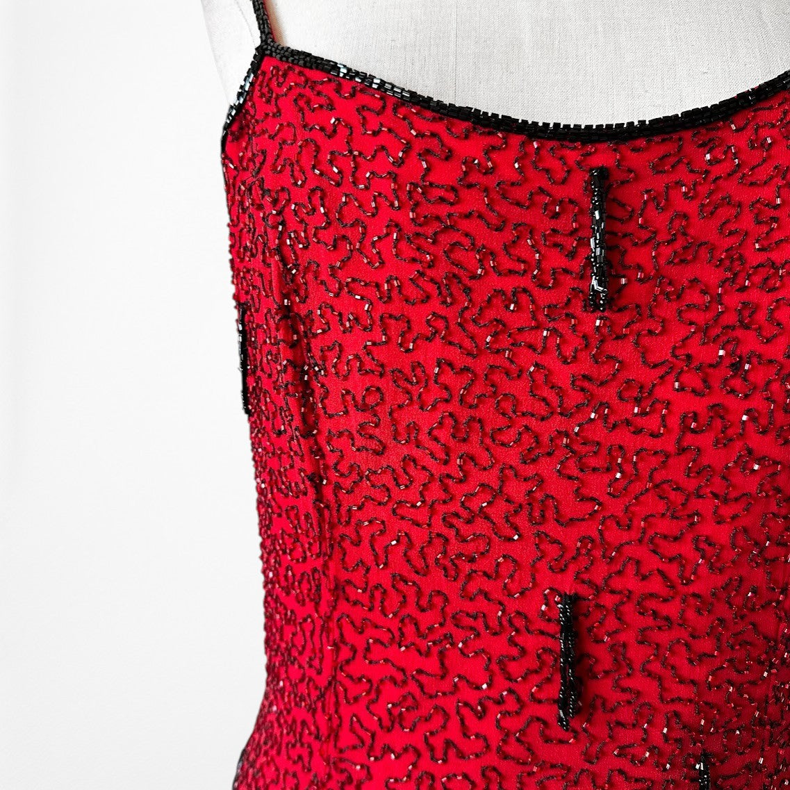 Vintage Y2K Burgundy Red Silk Beaded Knee Length Side Slits Cocktail Dress L