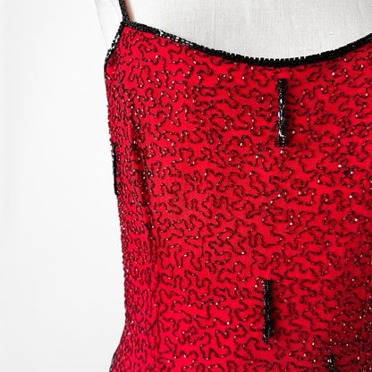 Vintage Y2K Burgundy Red Silk Beaded Knee Length Side Slits Cocktail Dress L