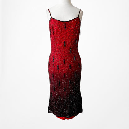 Vintage Y2K Burgundy Red Silk Beaded Knee Length Side Slits Cocktail Dress L
