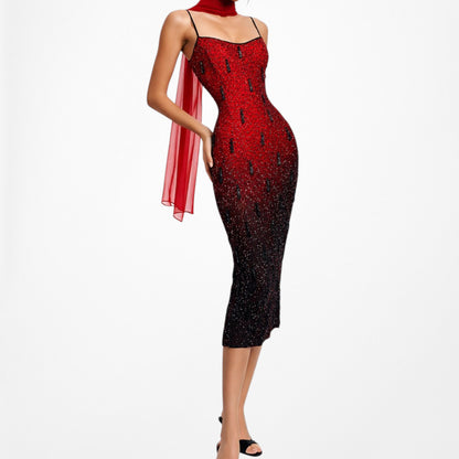 Vintage Y2K Burgundy Red Silk Beaded Knee Length Side Slits Cocktail Dress L