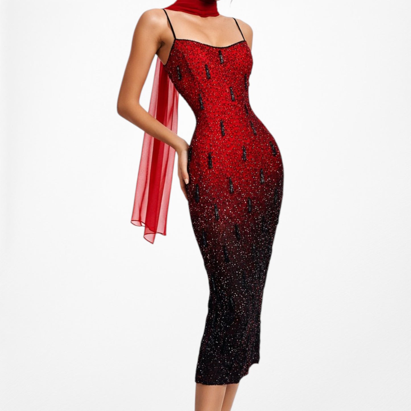 Vintage Y2K Burgundy Red Silk Beaded Knee Length Side Slits Cocktail Dress L