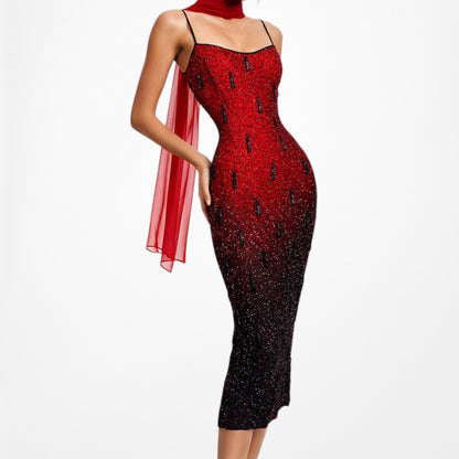 Vintage Y2K Burgundy Red Silk Beaded Knee Length Side Slits Cocktail Dress L