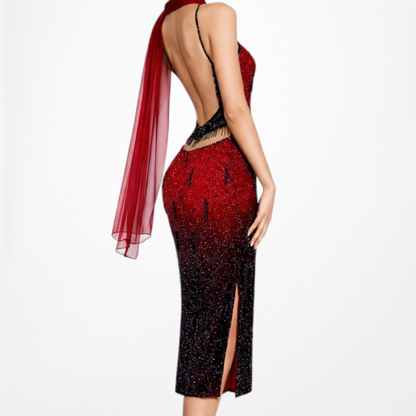 Vintage Y2K Burgundy Red Silk Beaded Knee Length Side Slits Cocktail Dress L