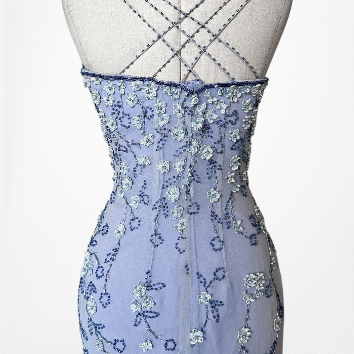 Vintage Y2K Blue Floral Applique Beaded Side Slit Bodycon Maxi Prom Dress XS/S