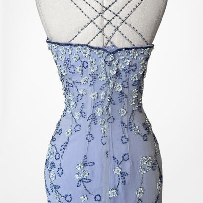 Vintage Y2K Blue Floral Applique Beaded Side Slit Bodycon Maxi Prom Dress XS/S