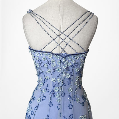 Vintage Y2K Blue Floral Applique Beaded Side Slit Bodycon Maxi Prom Dress XS/S