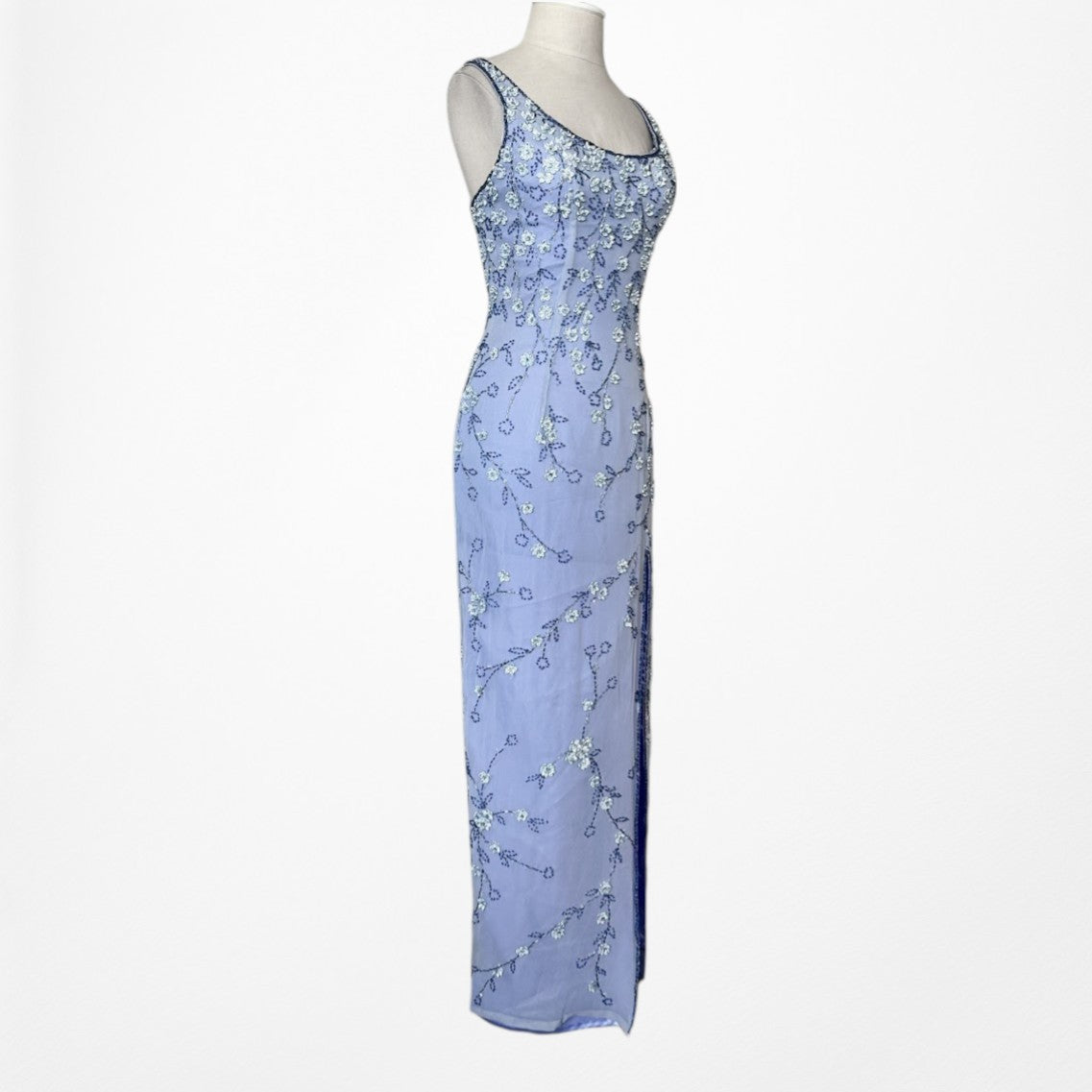 Vintage Y2K Blue Floral Applique Beaded Side Slit Bodycon Maxi Prom Dress XS/S