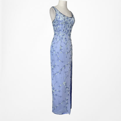 Vintage Y2K Blue Floral Applique Beaded Side Slit Bodycon Maxi Prom Dress XS/S
