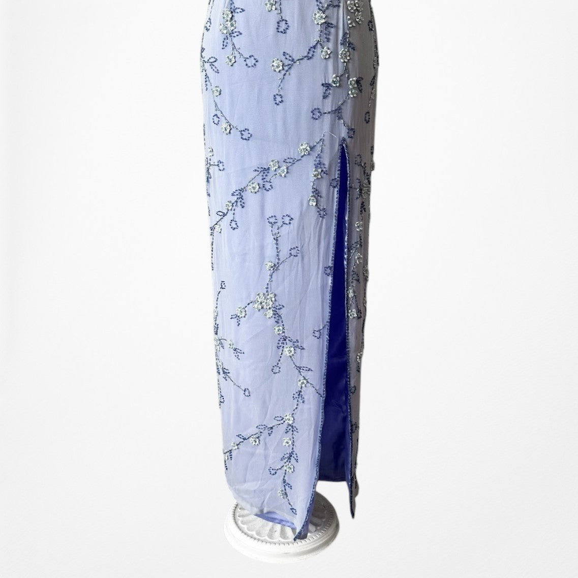 Vintage Y2K Blue Floral Applique Beaded Side Slit Bodycon Maxi Prom Dress XS/S