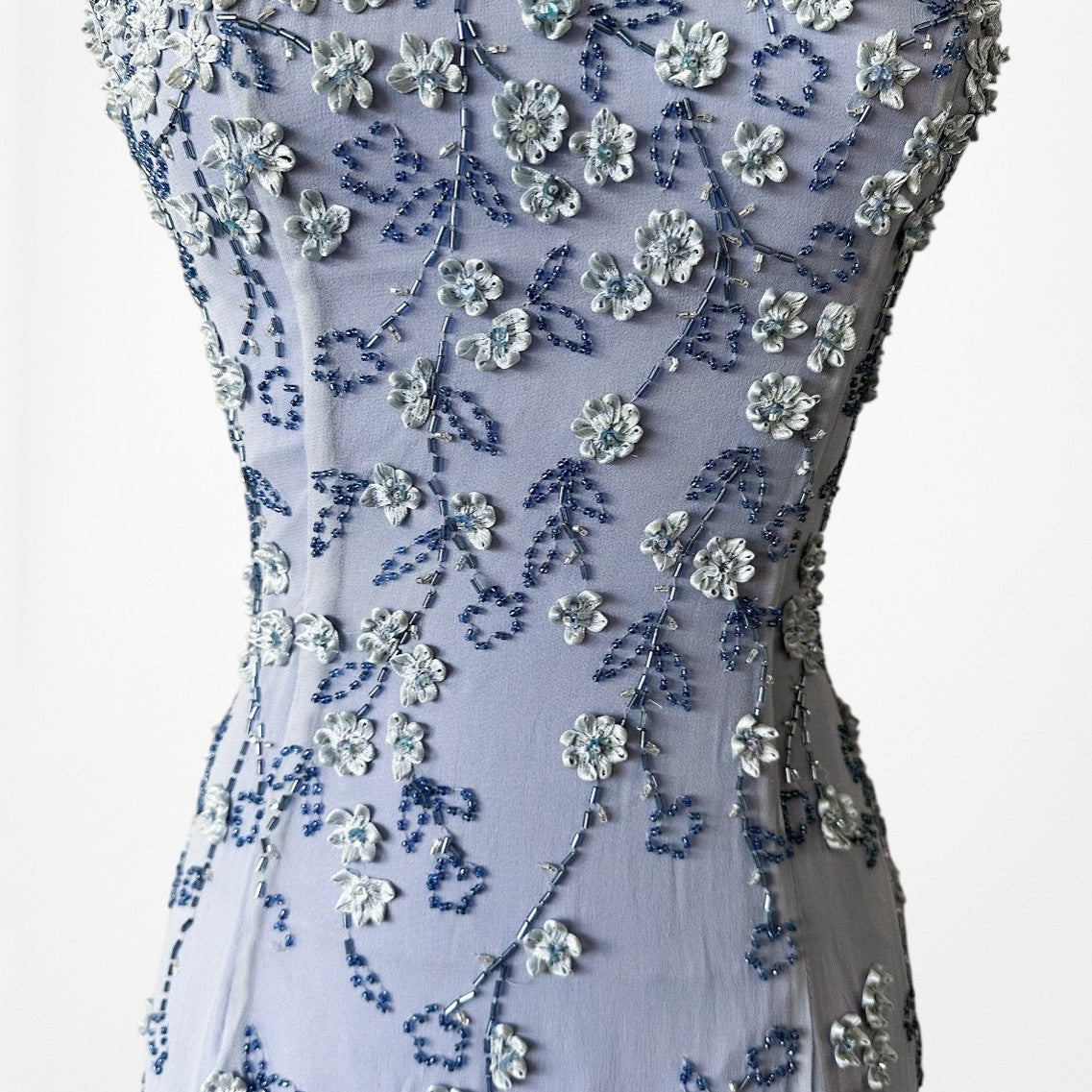 Vintage Y2K Blue Floral Applique Beaded Side Slit Bodycon Maxi Prom Dress XS/S