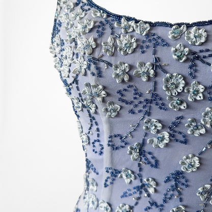 Vintage Y2K Blue Floral Applique Beaded Side Slit Bodycon Maxi Prom Dress XS/S