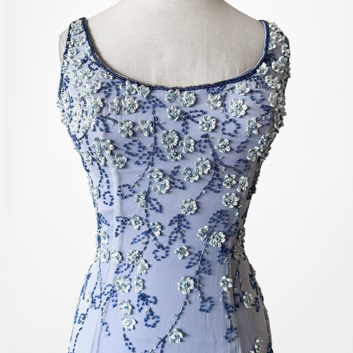 Vintage Y2K Blue Floral Applique Beaded Side Slit Bodycon Maxi Prom Dress XS/S