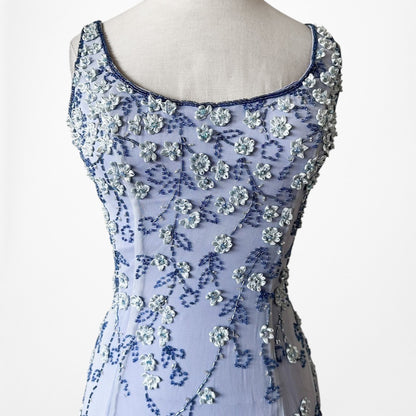 Vintage Y2K Blue Floral Applique Beaded Side Slit Bodycon Maxi Prom Dress XS/S