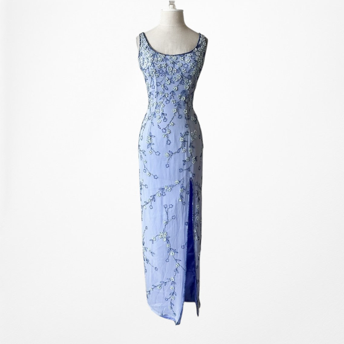 Vintage Y2K Blue Floral Applique Beaded Side Slit Bodycon Maxi Prom Dress XS/S