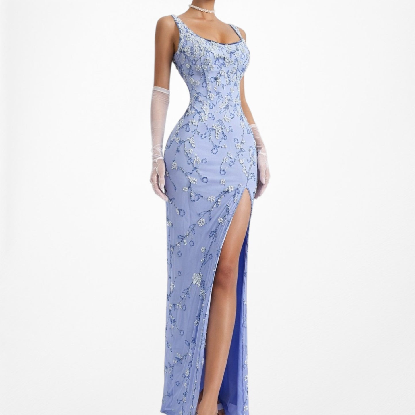 Vintage Y2K Blue Floral Applique Beaded Side Slit Bodycon Maxi Prom Dress XS/S