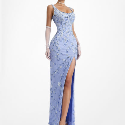 Vintage Y2K Blue Floral Applique Beaded Side Slit Bodycon Maxi Prom Dress XS/S