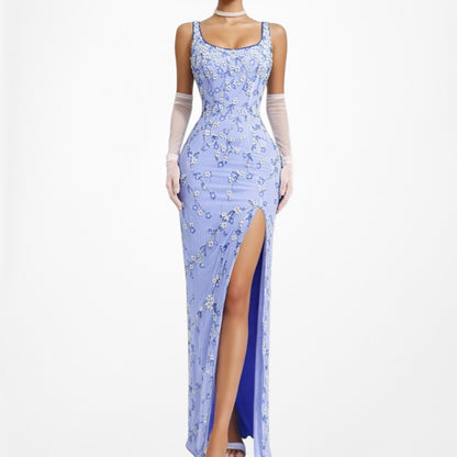 Vintage Y2K Blue Floral Applique Beaded Side Slit Bodycon Maxi Prom Dress XS/S