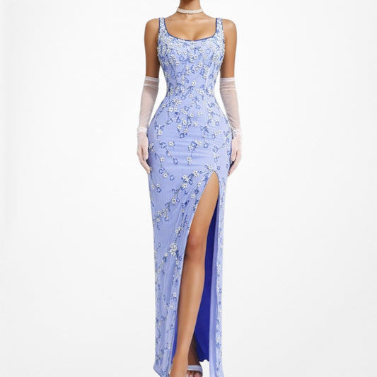 Vintage Y2K Blue Floral Applique Beaded Side Slit Bodycon Maxi Prom Dress XS/S