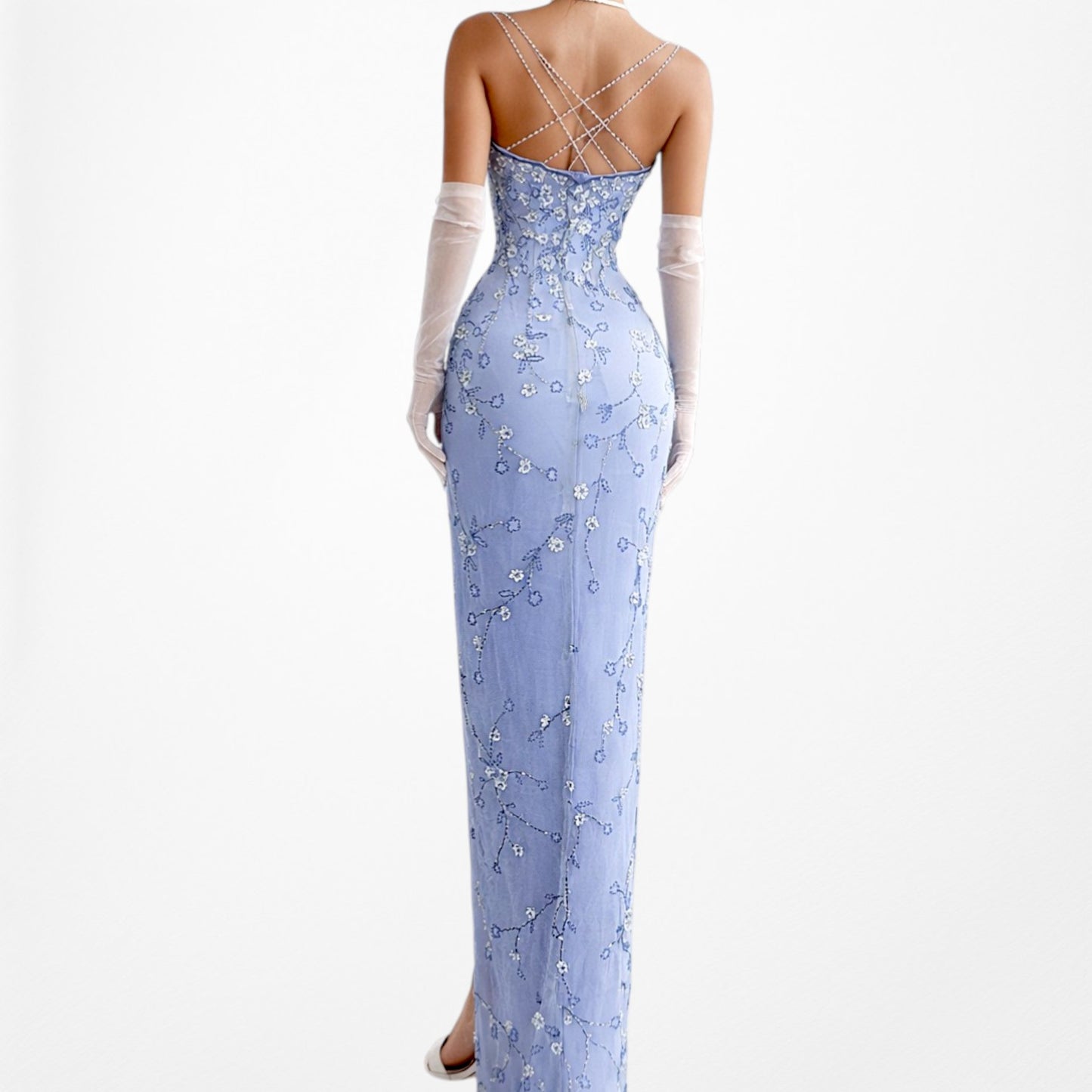 Vintage Y2K Blue Floral Applique Beaded Side Slit Bodycon Maxi Prom Dress XS/S