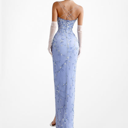 Vintage Y2K Blue Floral Applique Beaded Side Slit Bodycon Maxi Prom Dress XS/S