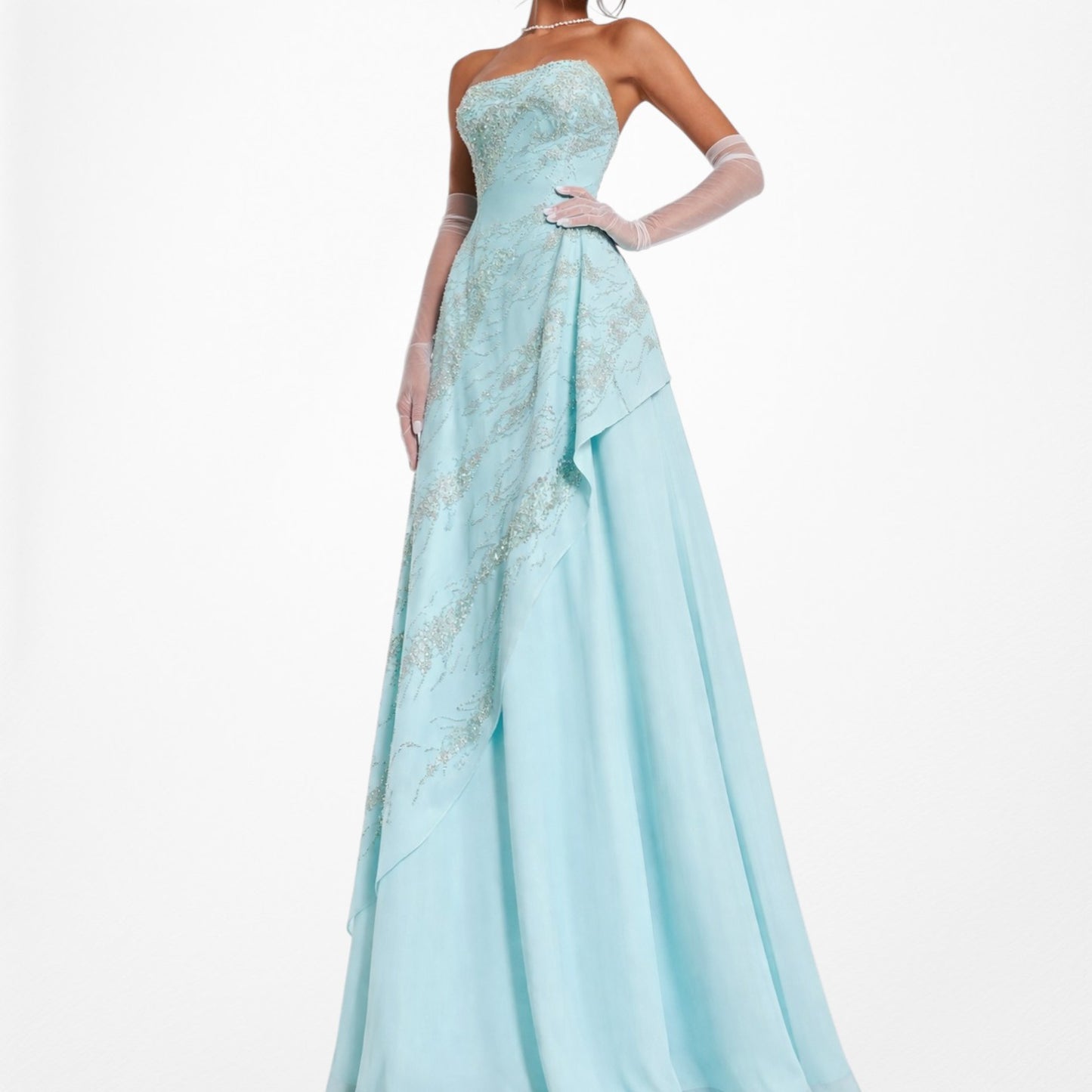 Vintage Y2K 90s Aqua Blue Strapless Beaded Tulle A-Line Maxi Prom Dress Size S