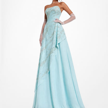 Vintage Y2K 90s Aqua Blue Strapless Beaded Tulle A-Line Maxi Prom Dress Size S