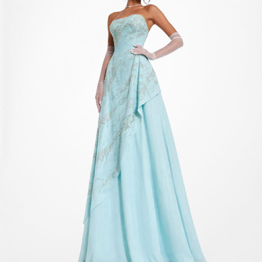 Vintage Y2K 90s Aqua Blue Strapless Beaded Tulle A-Line Maxi Prom Dress Size S