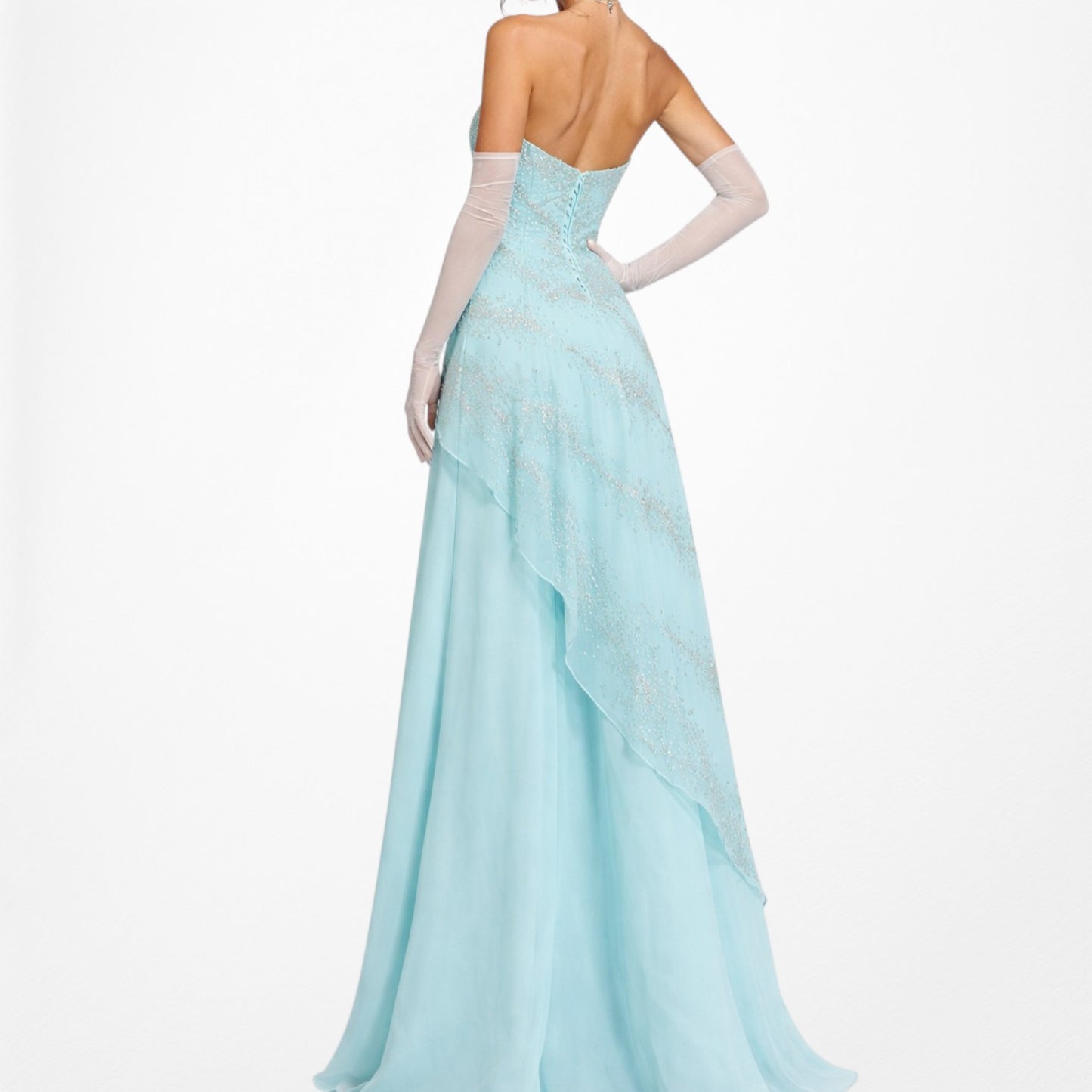 Vintage Y2K 90s Aqua Blue Strapless Beaded Tulle A-Line Maxi Prom Dress Size S