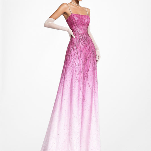 Vintage Y2K Pink Silk Ombre Beaded A-Line Tulle Maxi Formal Prom Dress Size S