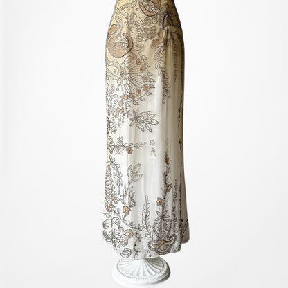 Vintage Y2K Yellow Paisley Beaded Double Slit Silk Ombre Maxi Prom Dress Size S